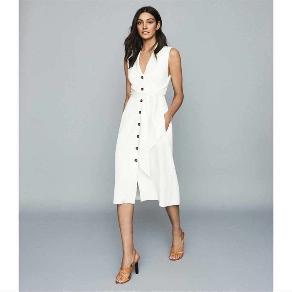 NWT Reiss Rosalind Sleeveless Belted Linen Midi Dress - Size 10